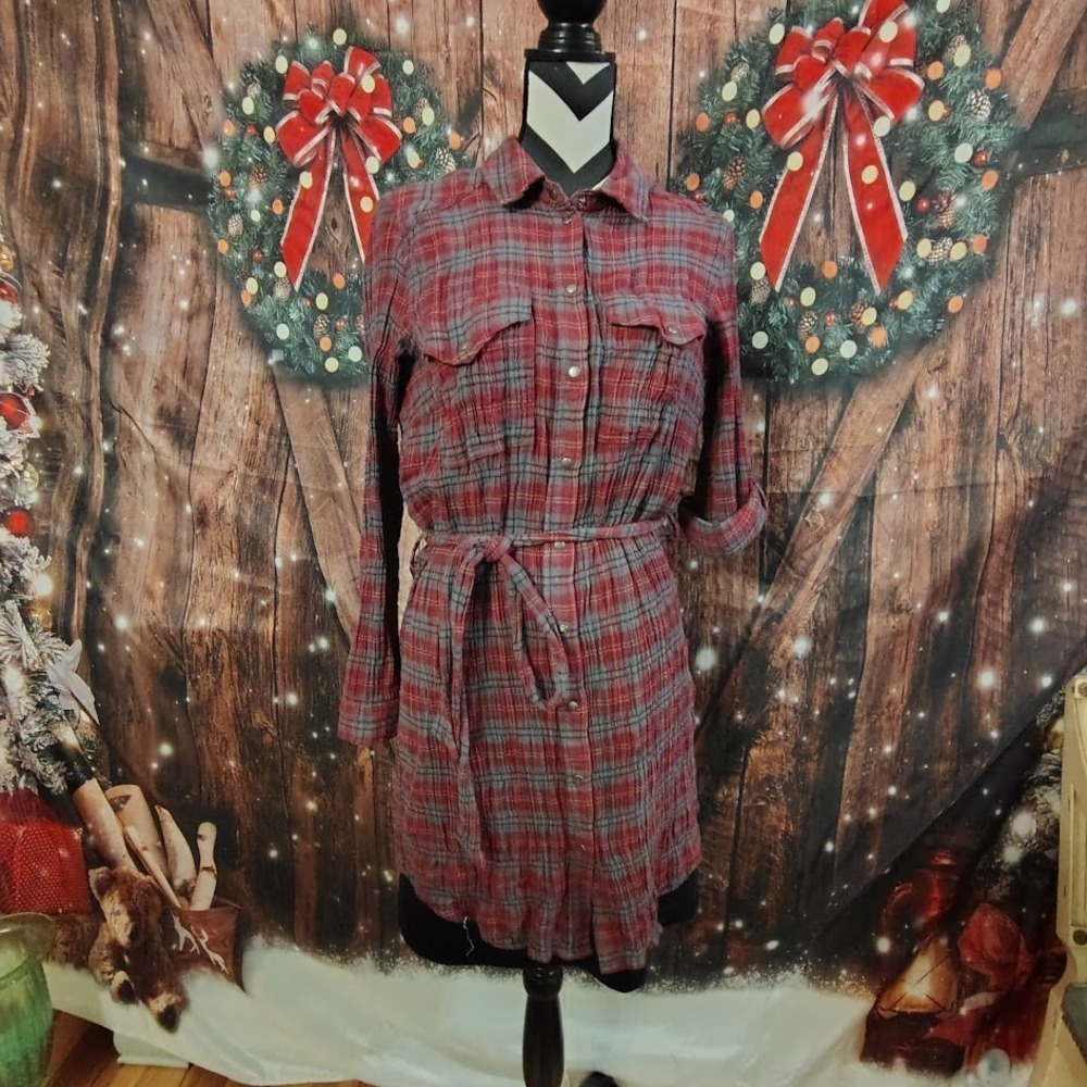 KUT‎ From The Kloth Sz M Plaid Shirt Dress Belted Red Gray Long Sleeve Women's